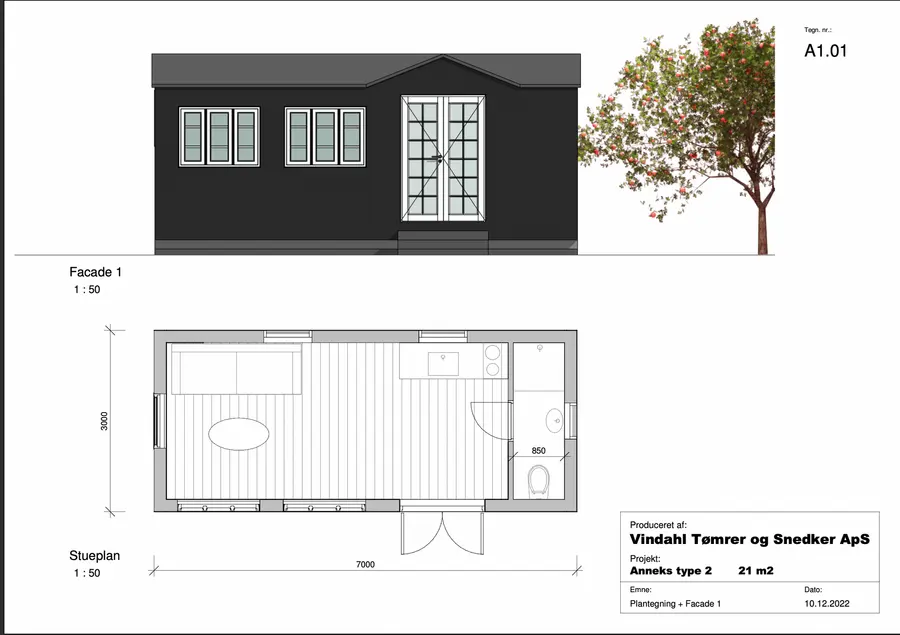 Plantegning og facadetegning af Stockholm-annekset på 21 m²